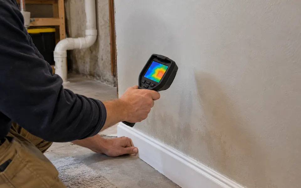 Basement leak detection Plainfield IL moisture map of a finished basement wall