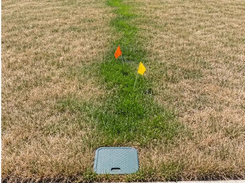 Flagged underground leak location marked between curb stop and home foundation