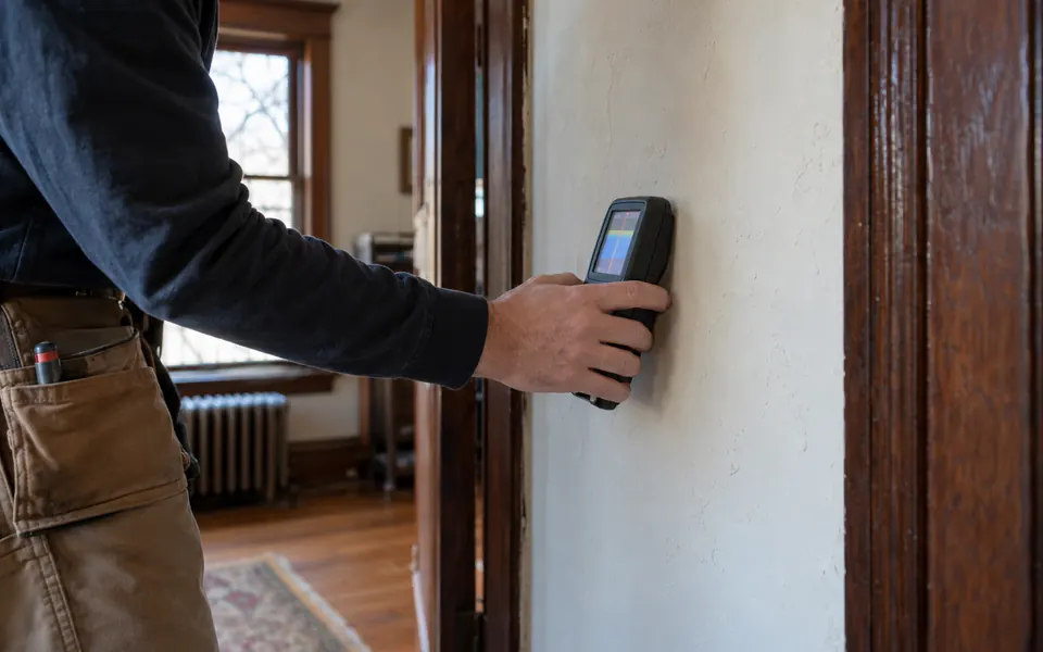 Leak detection downtown Plainfield tech scanning a plaster wall in a historic home near Lockport Street