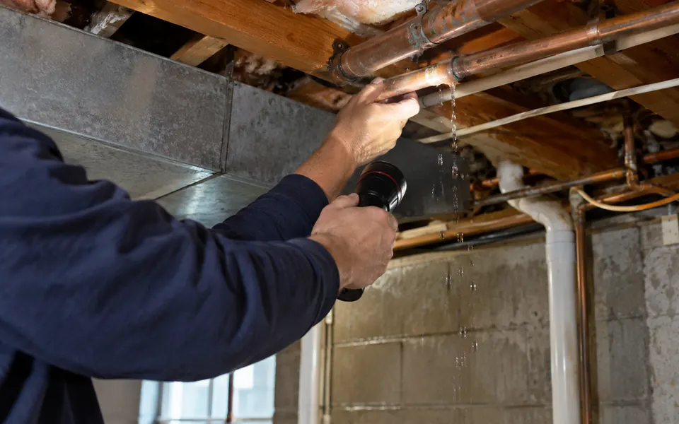 Emergency leak detection Plainfield tech checking a burst pipe in a basement ceiling