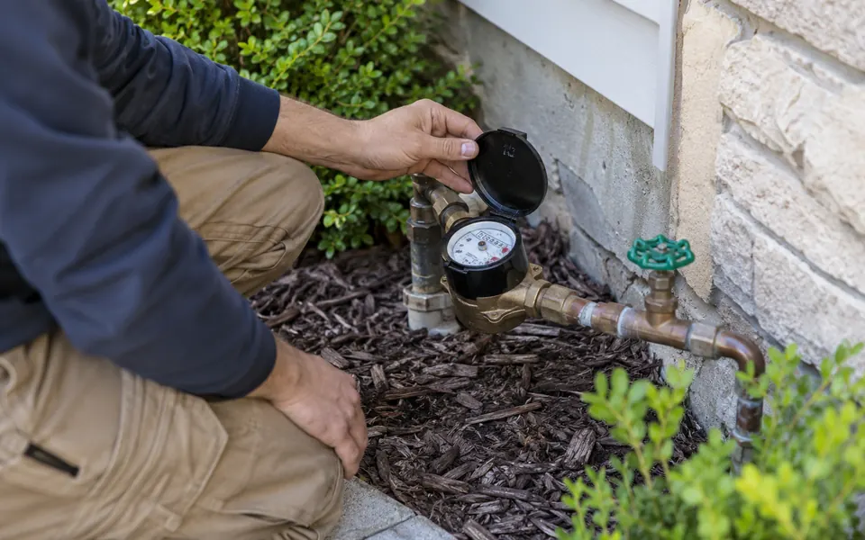 Leak detection Heritage Meadows Plainfield tech watching a water meter during a leak test