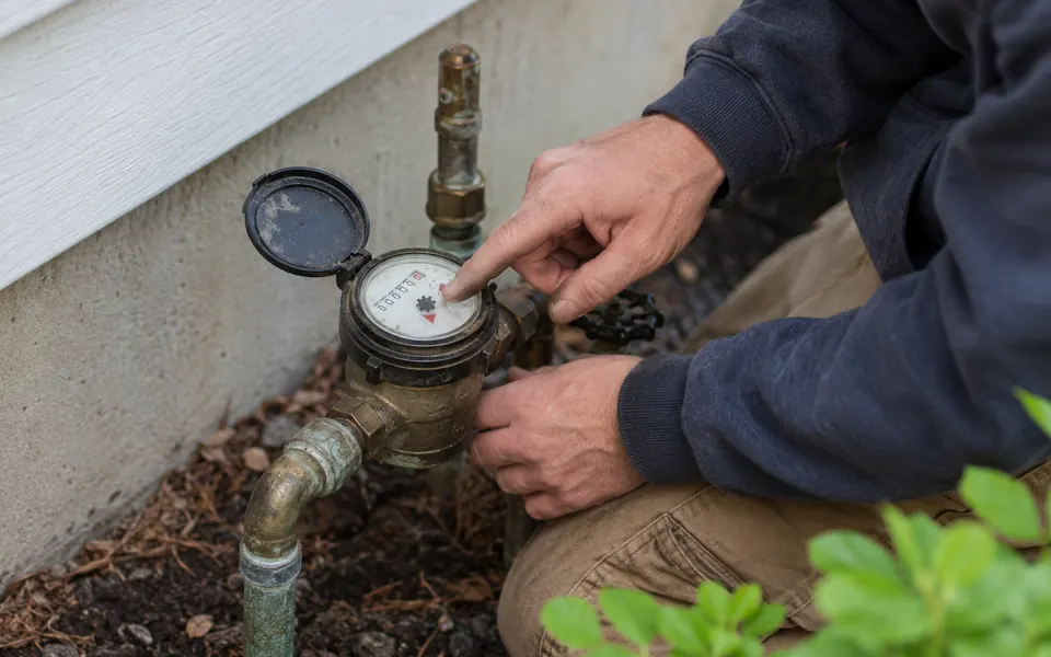 High water bill leak detection Plainfield tech checking the leak indicator on a water meter