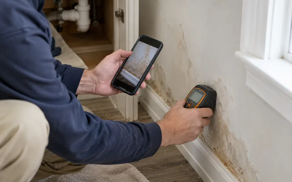 Insurance leak detection Plainfield tech photographing a moisture reading on a water damaged wall