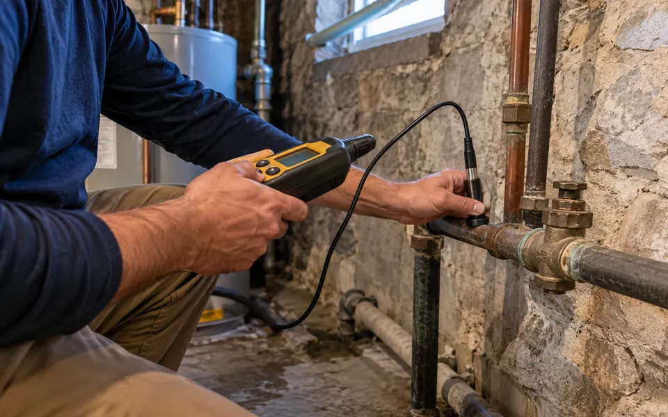 Leak detection Joliet IL tech running a meter test in an older home basement