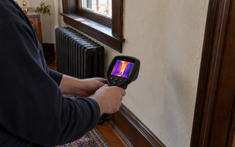 Leak detection Lockport IL tech using a thermal camera on a plaster wall in a historic home