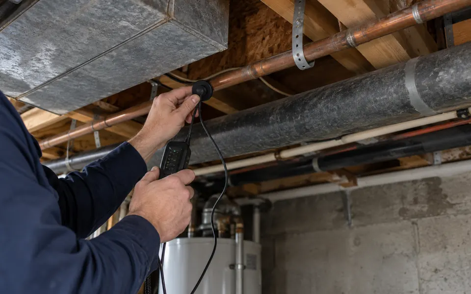 Pipe leak detection Plainfield IL tech listening along a copper line in a basement ceiling