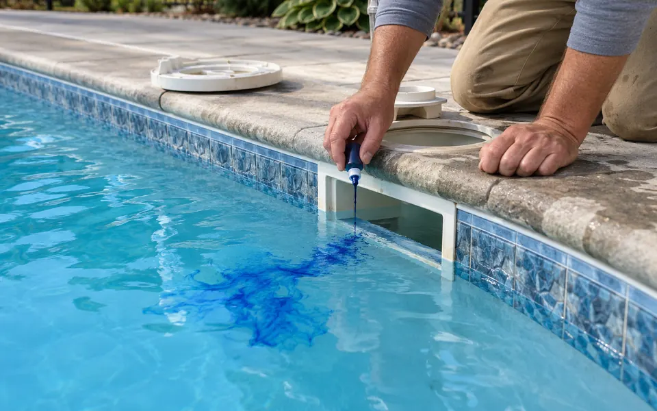 Pool leak detection Plainfield IL tech dye testing a skimmer on an inground pool