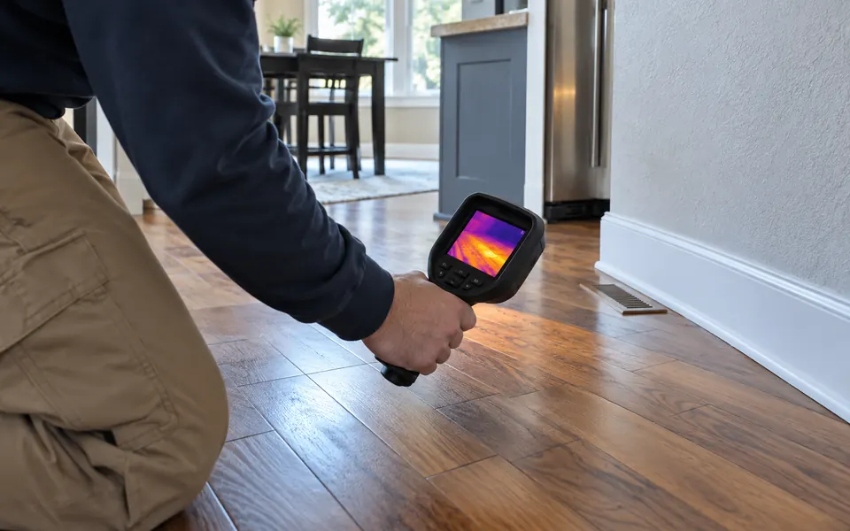 Leak detection Romeoville IL tech scanning a ranch home floor with a thermal camera