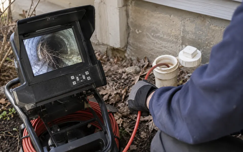 Sewer line leak detection Plainfield camera view of roots inside a sewer pipe