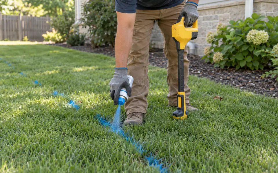 Water line locating Plainfield IL tech painting the path of a private water line in a backyard