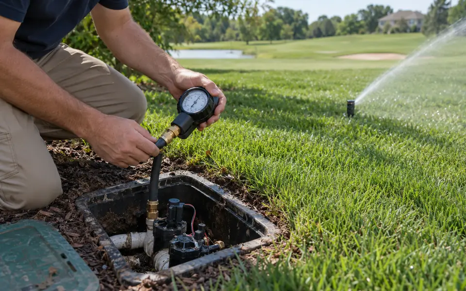 Leak detection Wesmere Plainfield tech testing a sprinkler zone on a golf course lot
